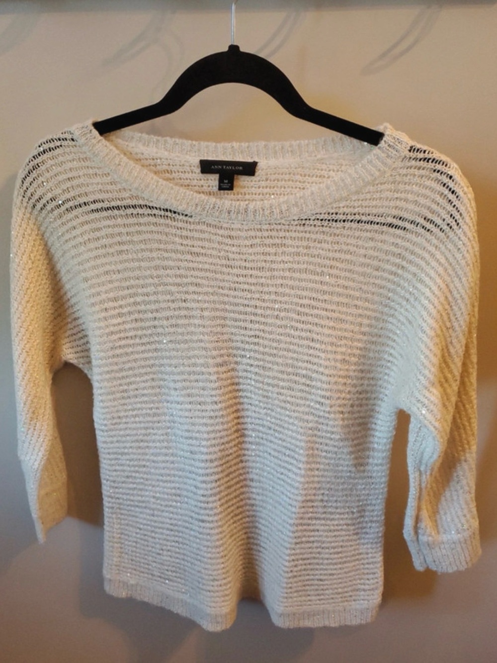 Ann Taylor Ivory Open-Knit Crewneck Sweater